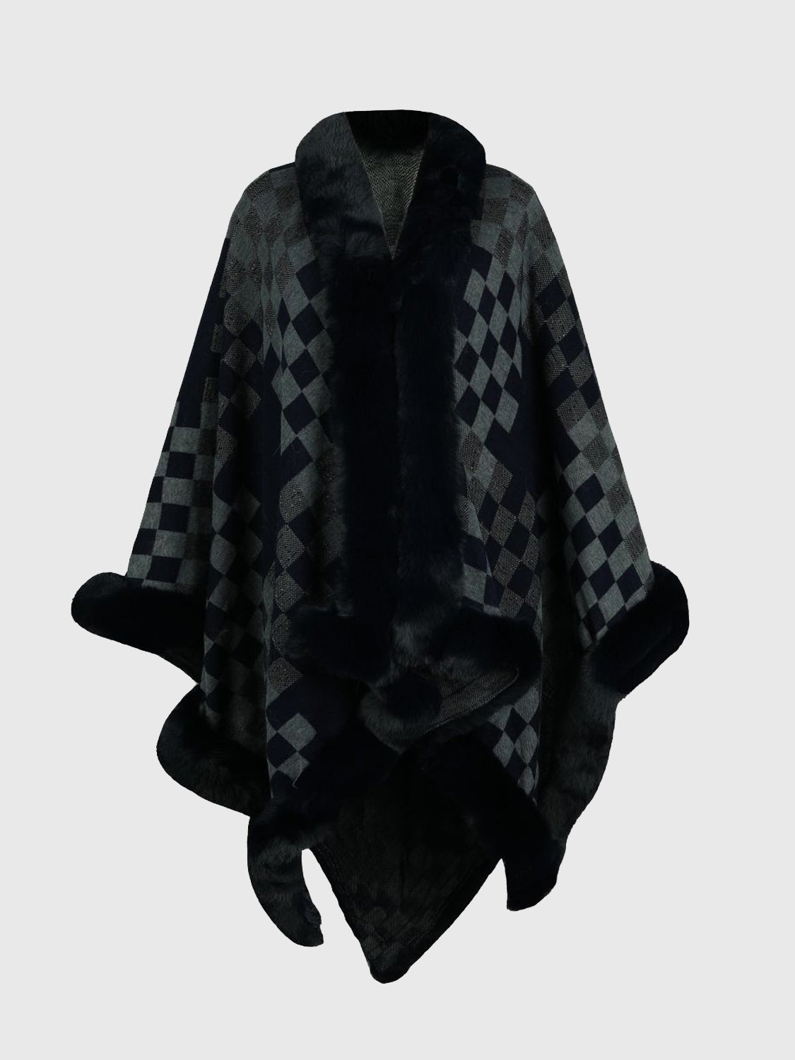 checkered-faux-fur-trim-poncho-284341