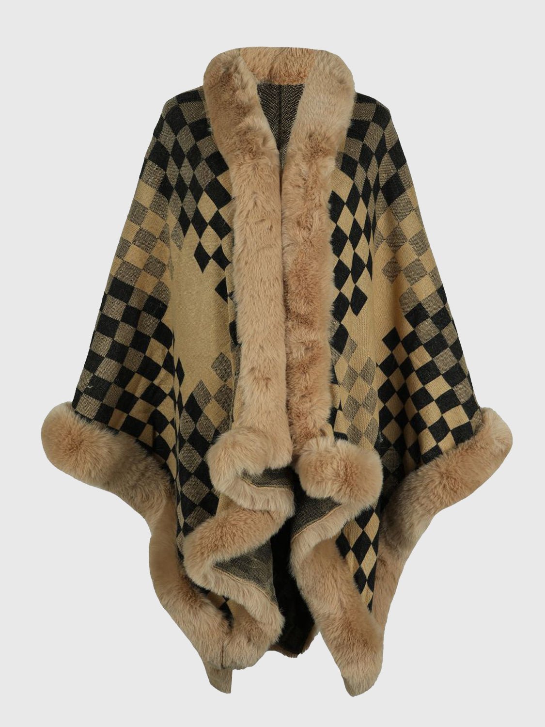 checkered-faux-fur-trim-poncho-320685