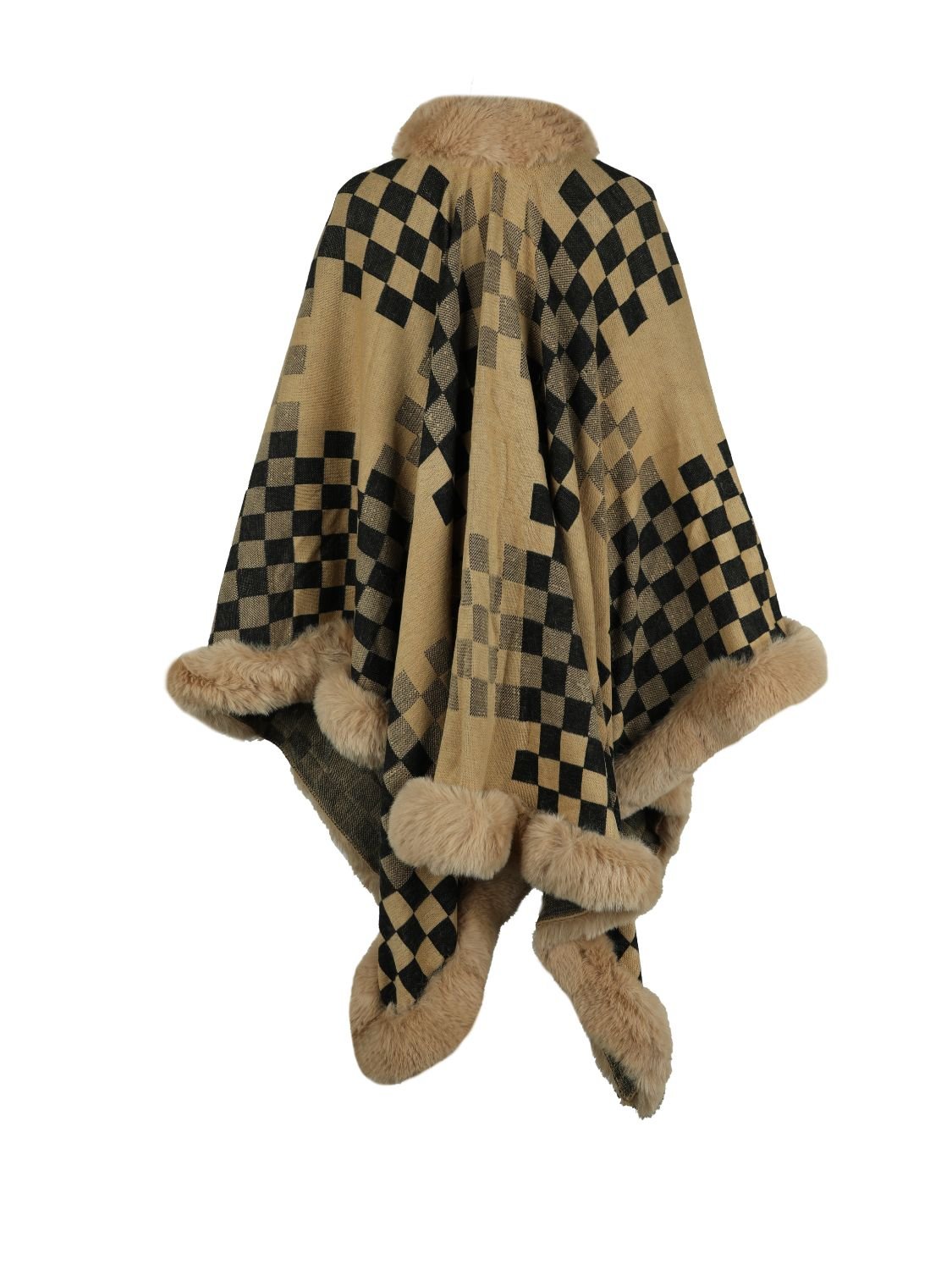 checkered-faux-fur-trim-poncho-469187
