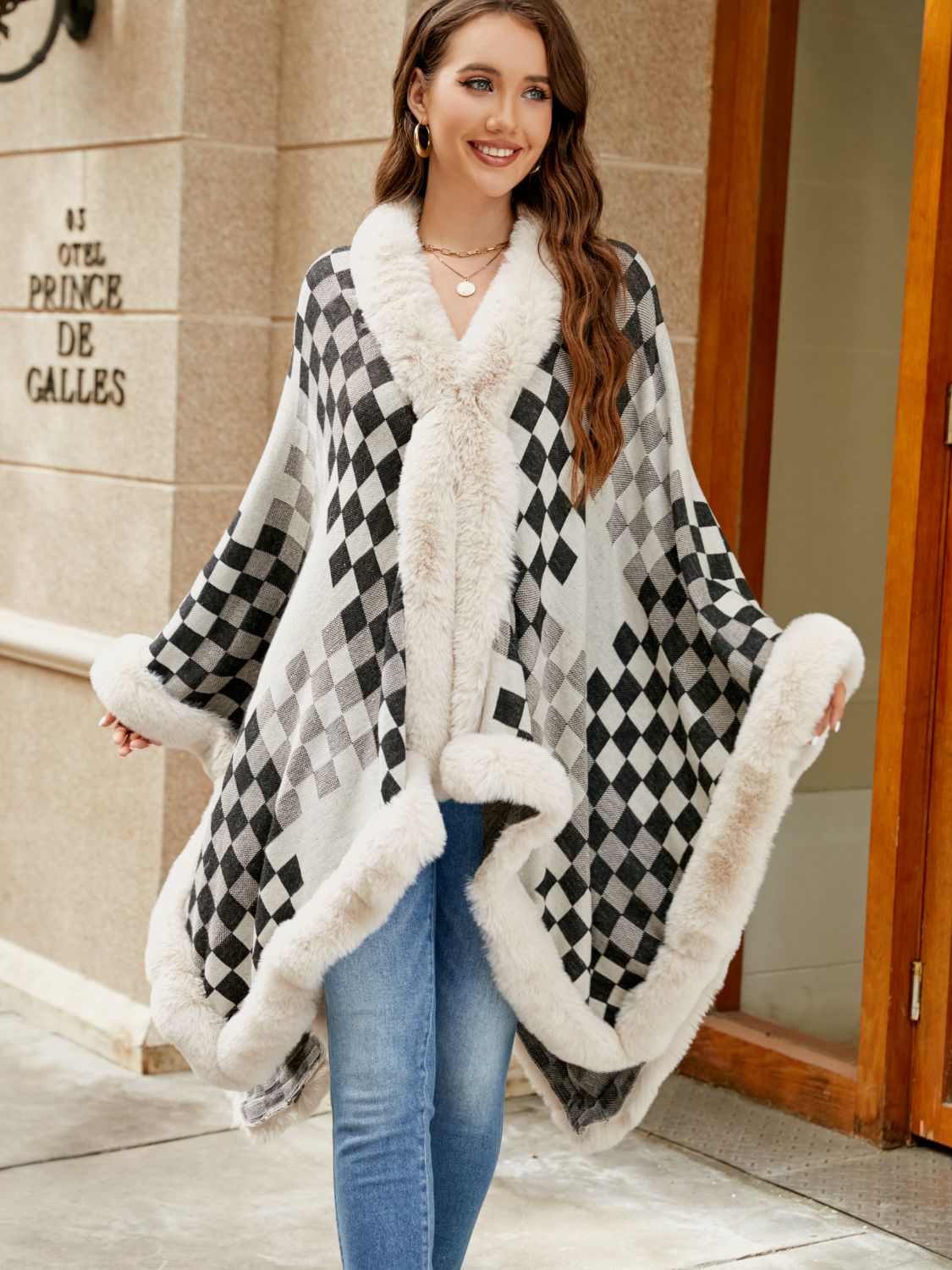 checkered-faux-fur-trim-poncho-540382
