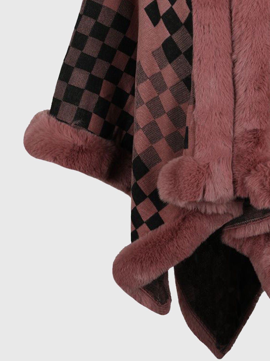 checkered-faux-fur-trim-poncho-565090