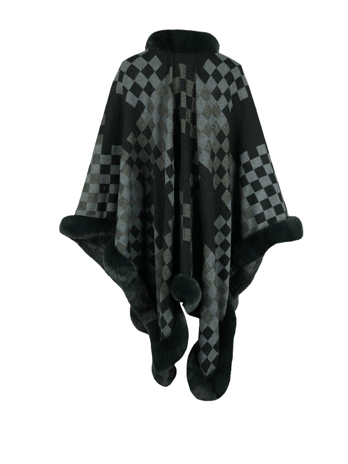 checkered-faux-fur-trim-poncho-650849