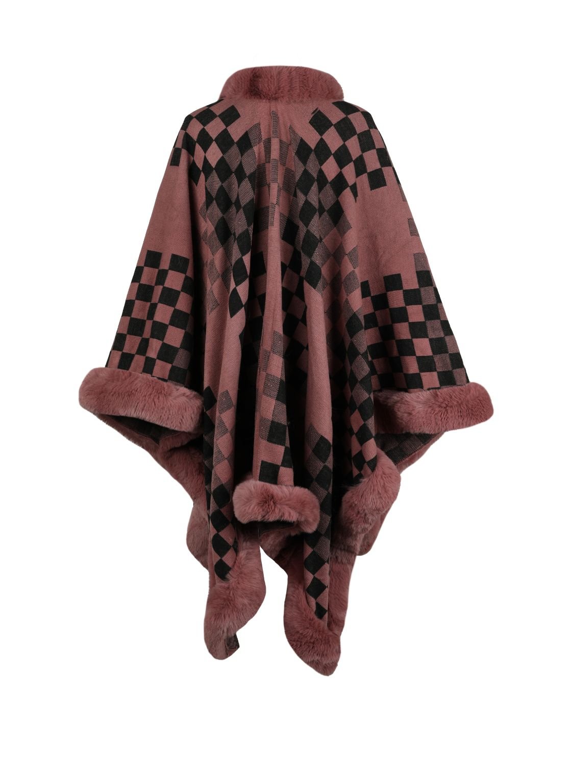 checkered-faux-fur-trim-poncho-764200
