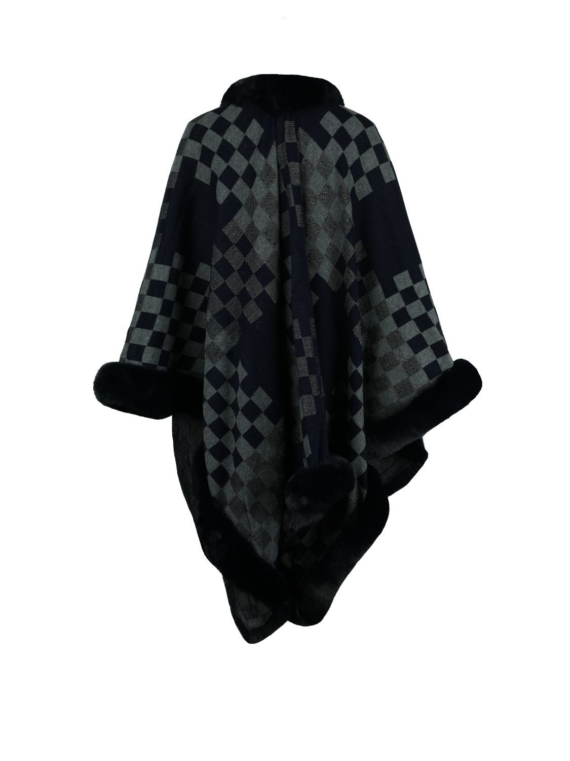 checkered-faux-fur-trim-poncho-801232